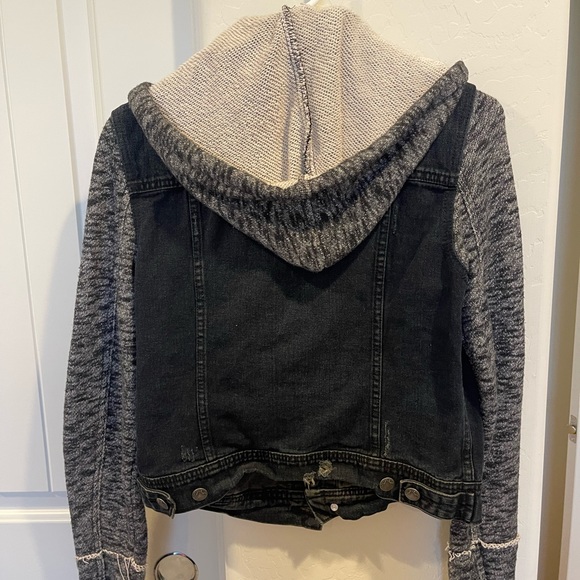 Free People distressed black denim sweater hooded jacket. Button up. Size small - Picture 8 of 10